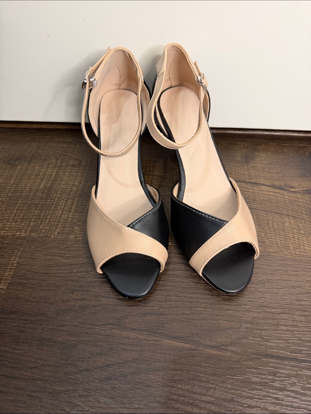 Elegant Two-Tone Ankle-Strap Heels in Nude and Black